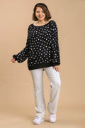 Umgee Full Size Dalmatian Hand Stamped Round Neck Sweater Plus Size - Hovatok
