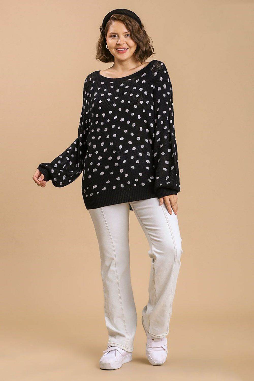 Umgee Full Size Dalmatian Hand Stamped Round Neck Sweater Plus Size - Hovatok