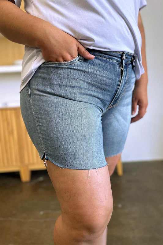 Judy Blue Full Size High Waist Raw Hem Denim Shorts - Hovatok