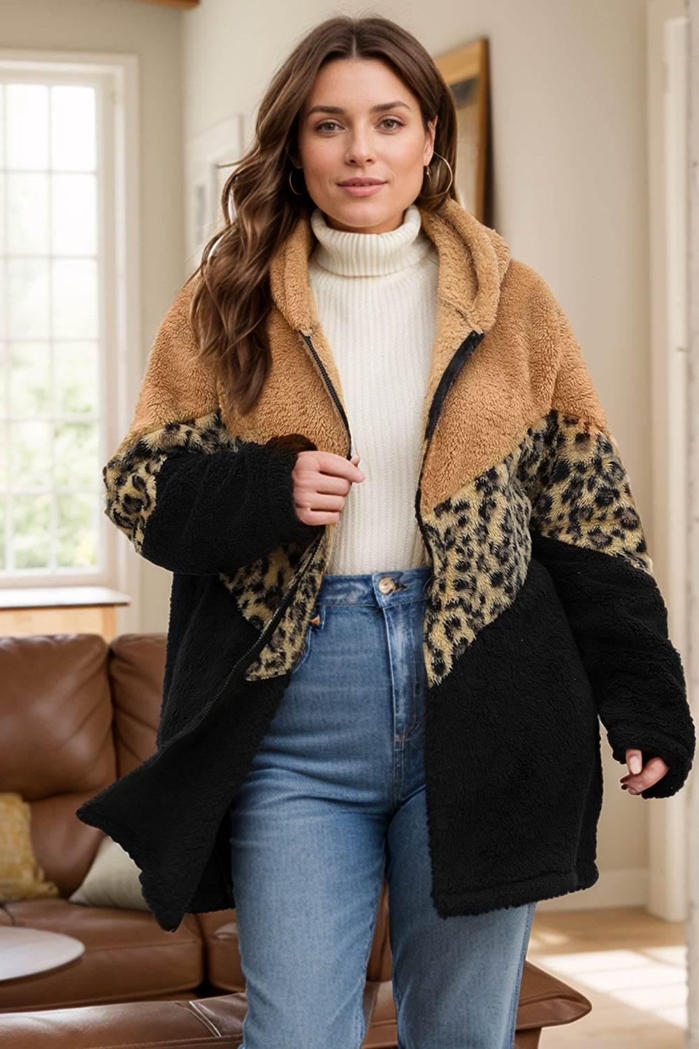 Plus Size Leopard Zip Up Hooded Outerwear - Hovatok