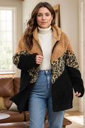 Plus Size Leopard Zip Up Hooded Outerwear - Hovatok