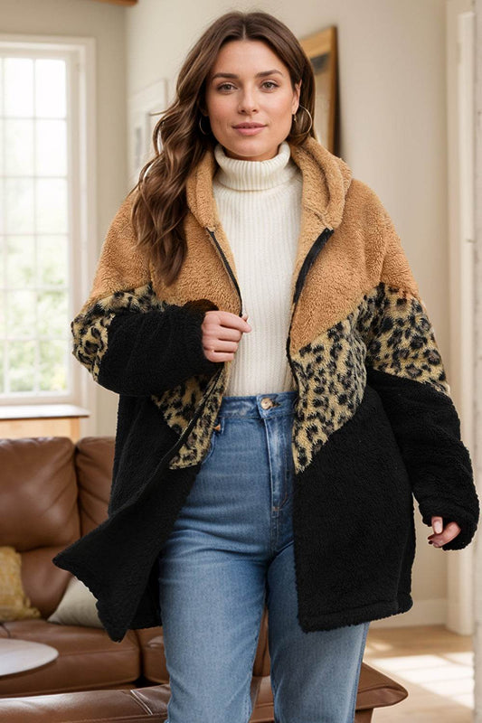 Plus Size Leopard Zip Up Hooded Outerwear - Hovatok