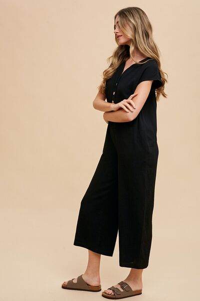 Annie Wear Button Detail Wide Leg Jumpsuit with Pockets - Hovatok