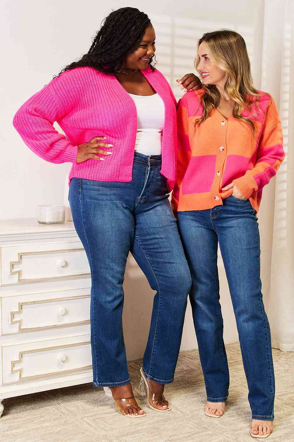 Angel Wings Woven Right Checkered V-Neck Dropped Shoulder Cardigan - Hovatok