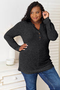 Double Take Notched Neck Ribbed Long Sleeve T-Shirt - Hovatok