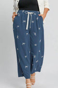 Umgee Full Size Lace Drawstring Embroidered Bow Wide Leg Pants Plus Size - Hovatok