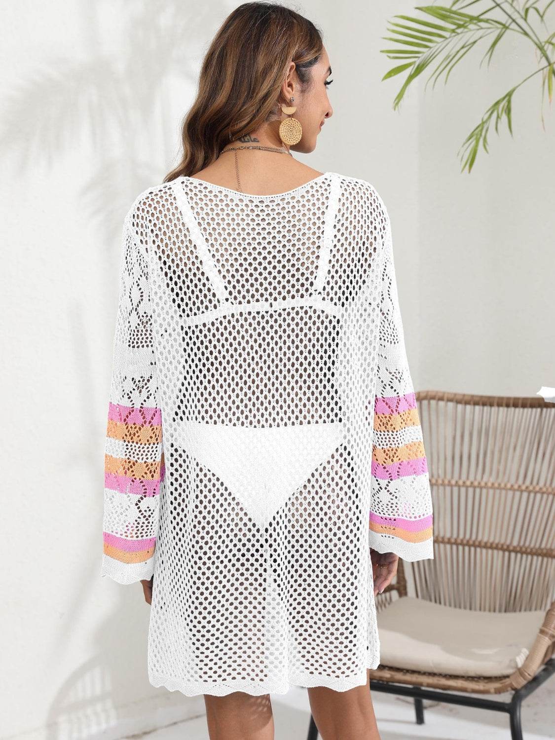 Openwork Contrast Long Sleeve Cover-Up - Hovatok