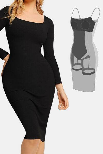 Basic Bae Full Size Built-In Shapewear Square Neck Long Sleeve Dress - Hovatok