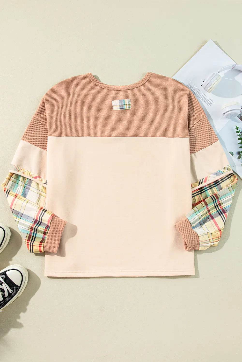 Plus Size Waffle-Knit Detail Plaid Round Neck Top - Hovatok