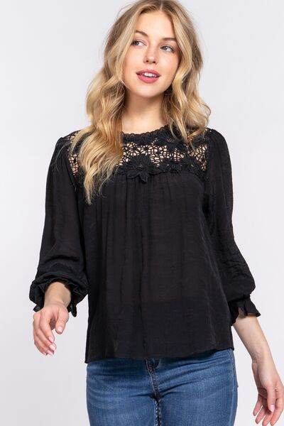 ACTIVE BASIC Crochet Lace Panel Flounce Sleeve Blouse - Hovatok