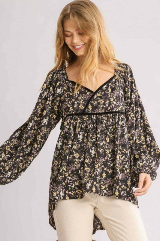 Umgee Full Size Floral Print Velvet Trimmed Balloon Sleeve Top Plus Size - Hovatok