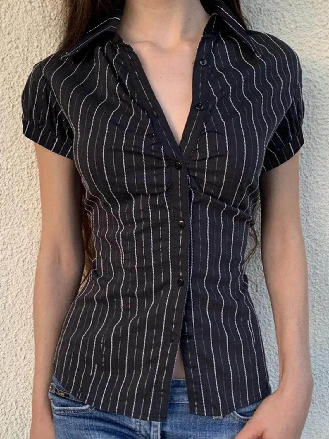 Devine Button Down Striped Collared Neck Short Sleeve Shirt - Hovatok