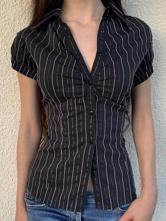 Devine Button Down Striped Collared Neck Short Sleeve Shirt - Hovatok