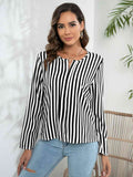 Striped Long Sleeve Notched Blouse - Hovatok