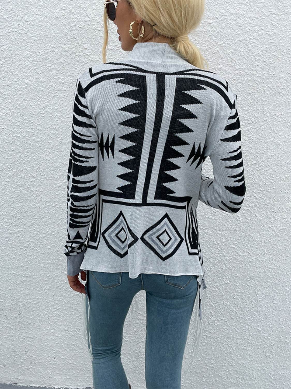 Shiny Geometric Fringe Hem Open Front Cardigan - Hovatok