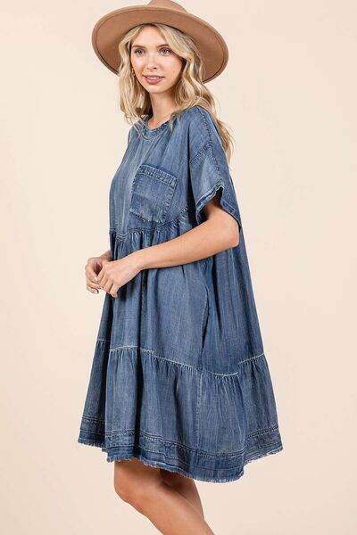 Mittoshop Washed Chambray Denim Oversized Tier Mini Dress - Hovatok