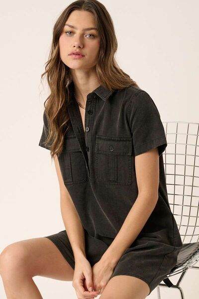 Mittoshop Button Detail Collared Neck Short Sleeve Shirt Dress - Hovatok