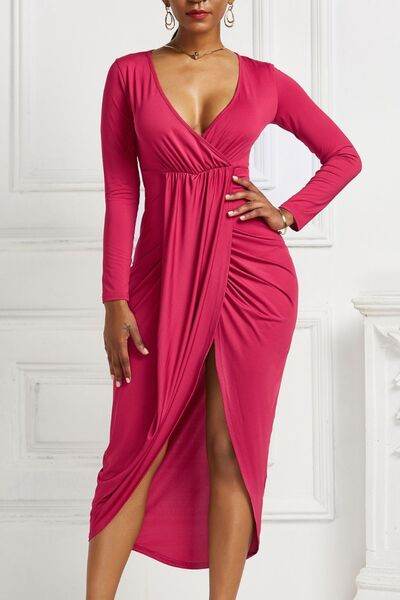 High-low Ruched Surplice Long Sleeve Dress - Hovatok