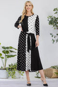 Celeste Full Size Polka Dot Front Tie Midi Dress Plus Size - Hovatok