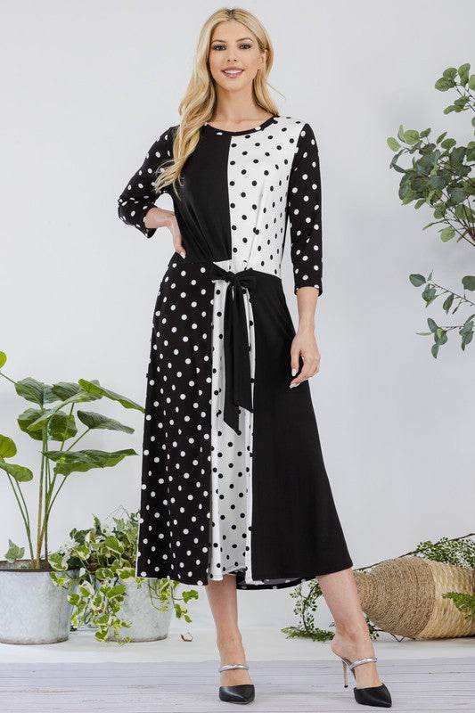 Celeste Full Size Polka Dot Front Tie Midi Dress Plus Size - Hovatok