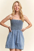 ADORA Smocked Spaghetti Strap Denim Romper - Hovatok