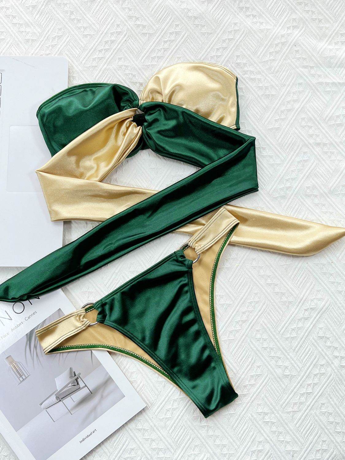 Two-Tone Ring Detail Tied Bikini Set - Hovatok