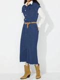 Slit Half Button Collared Neck Cap Sleeve Denim Dress - Hovatok