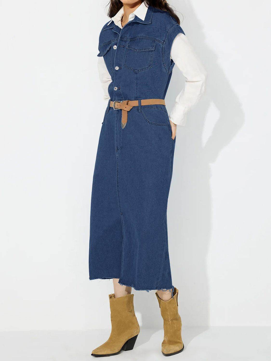 Slit Half Button Collared Neck Cap Sleeve Denim Dress - Hovatok
