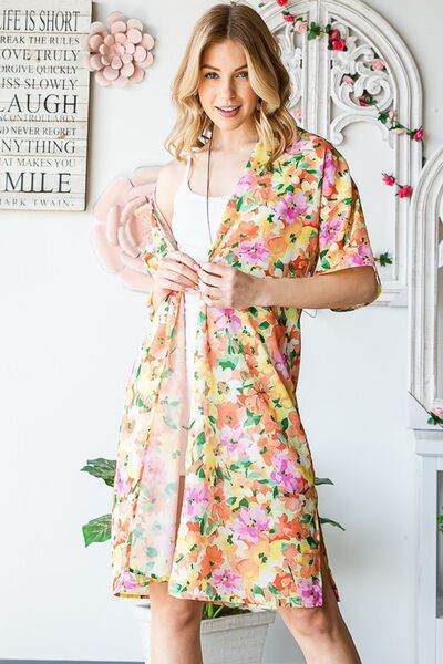 Heimish Full Size Half Sleeve Multi Color Floral Open Cardigan Plus Size - Hovatok