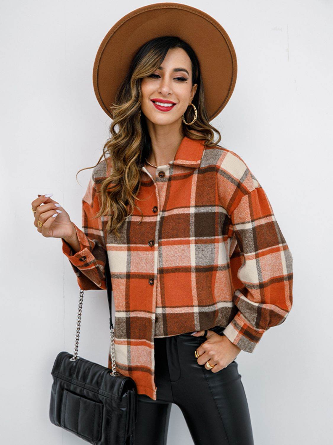 Shiny Plaid Button Up Collared Neck Jacket - Hovatok