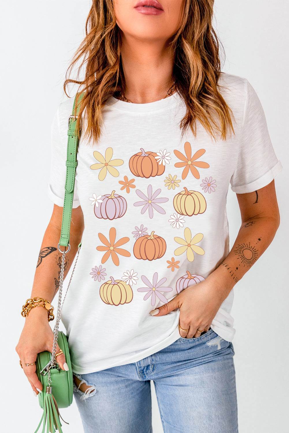 Pumpkin & Flower Round Neck Short Sleeve T-Shirt - Hovatok