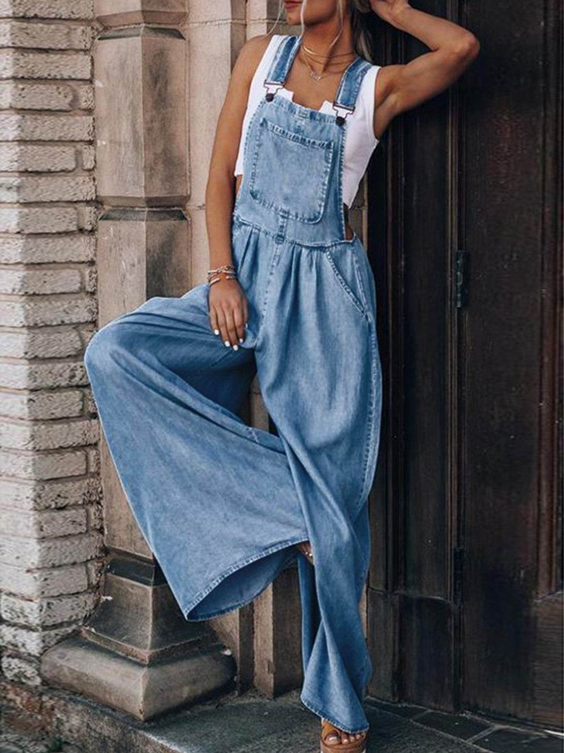 Wide Leg Denim Overalls - Hovatok