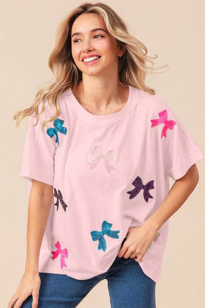 BiBi Sequin Bow Patch Short Sleeve T-Shirt - Hovatok