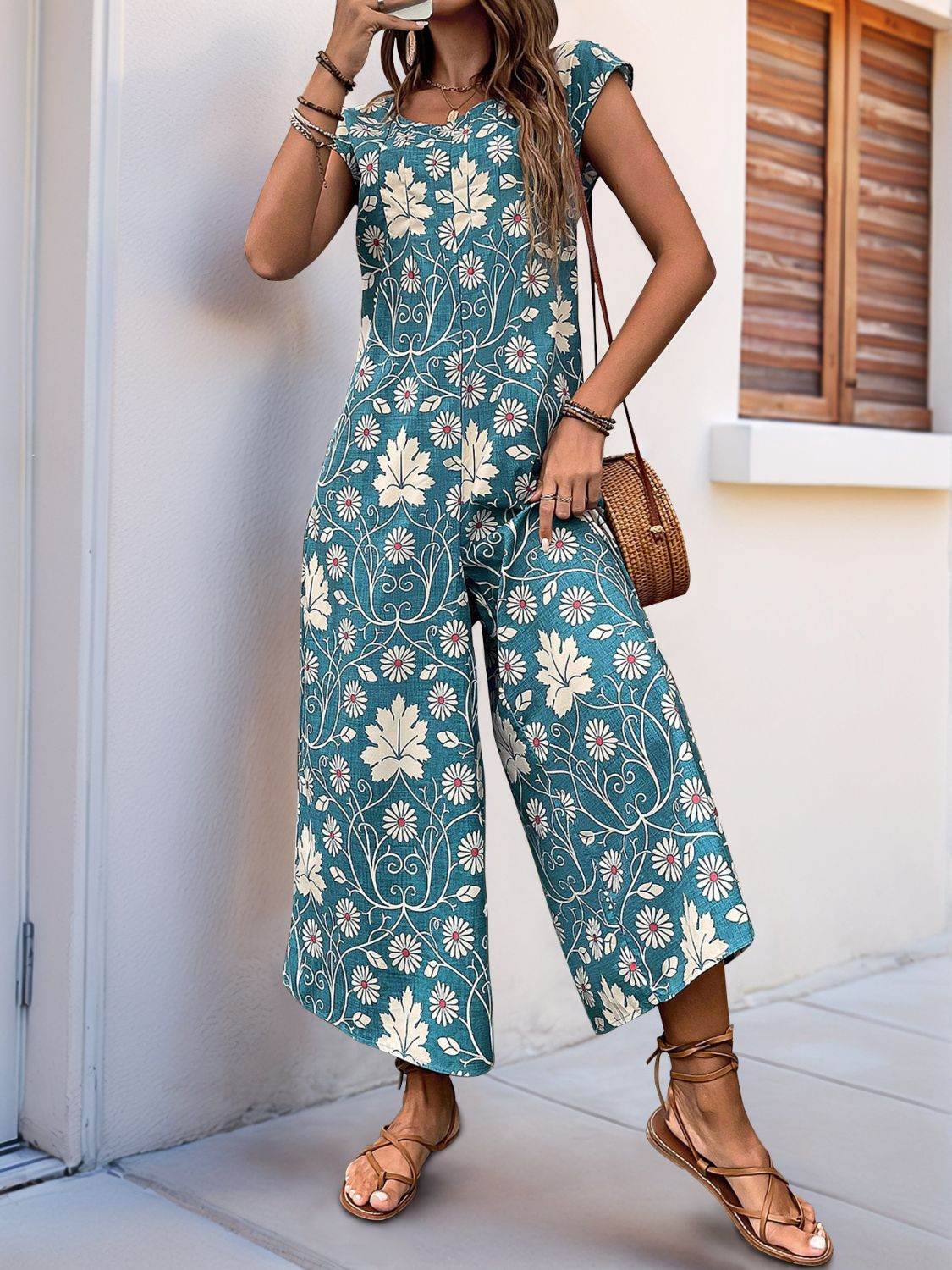Perfee Printed Round Neck Cap Sleeve Wide Leg Jumpsuit - Hovatok