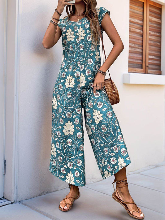 Perfee Printed Round Neck Cap Sleeve Wide Leg Jumpsuit - Hovatok