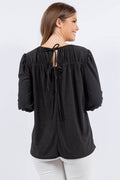 Celeste Full Size Puff Sleeve and Bow Detail Top Plus Size - Hovatok