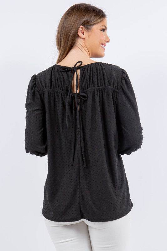 Celeste Full Size Puff Sleeve and Bow Detail Top Plus Size - Hovatok