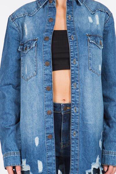 American Bazi Distressed Frayed Hem Denim Jacket - Hovatok
