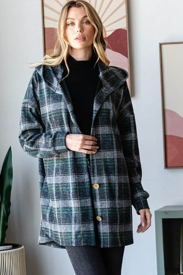 Heimish Plaid Button Down Long Sleeve Hooded Cardigan - Hovatok