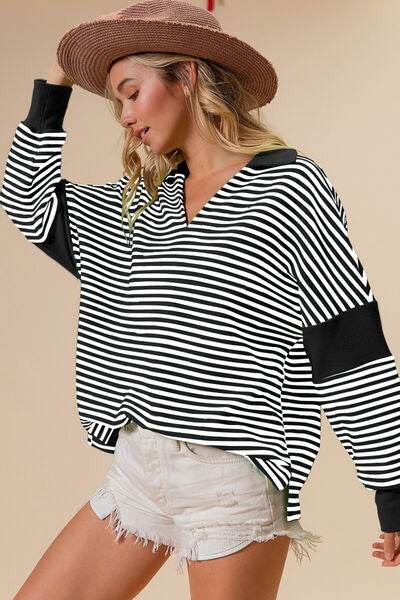 BiBi Striped Contrast Long Sleeve Knit Top - Hovatok