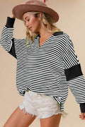 BiBi Striped Contrast Long Sleeve Knit Top - Hovatok