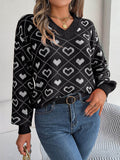 Heart Pattern V-Neck Long Sleeve Sweater - Hovatok