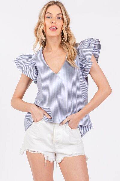 Ces Femme Striped V-Neck Ruffled Cap Sleeve Blouse - Hovatok