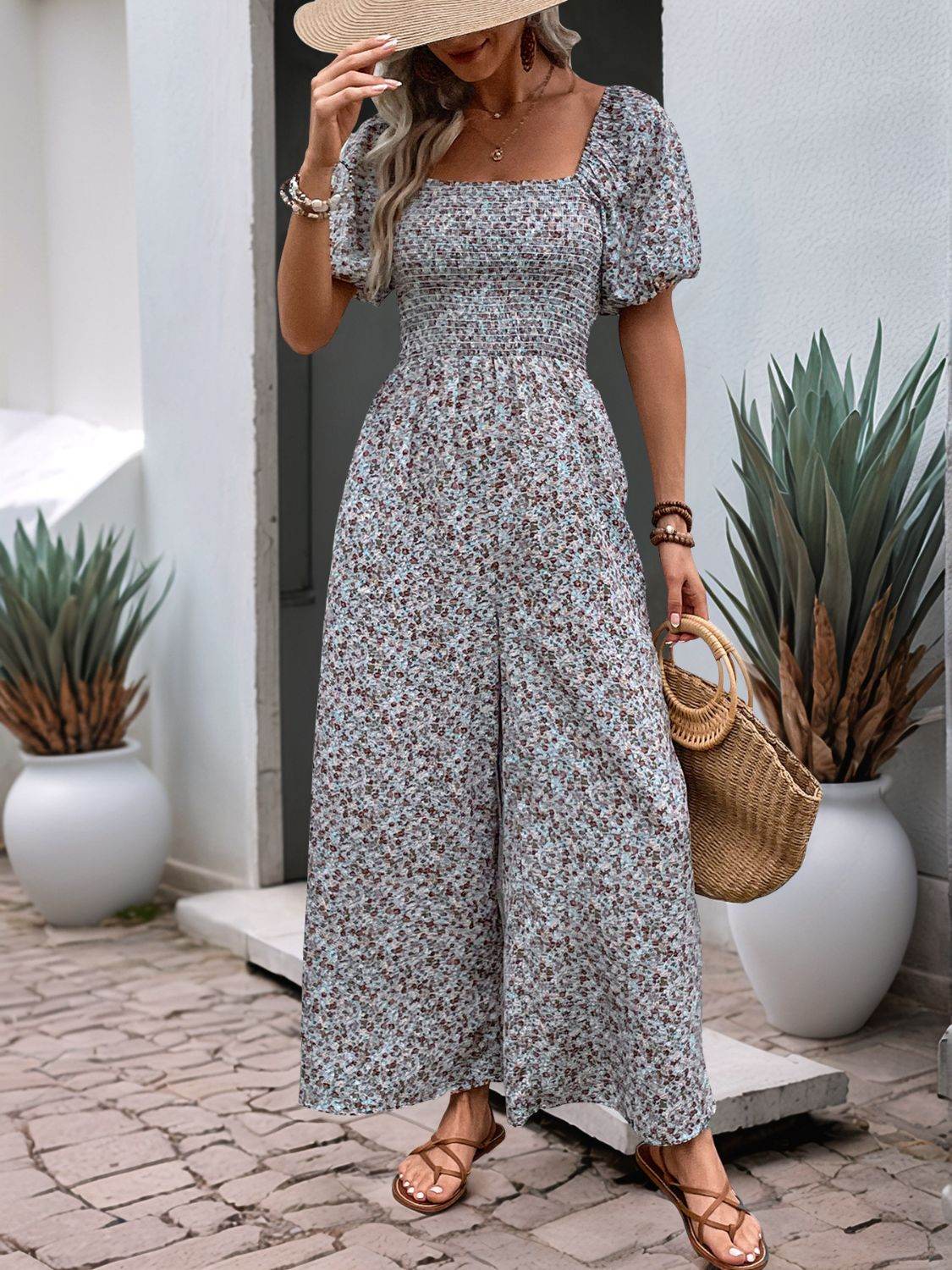 Perfee Ditsy Floral Smocked Square Neck Puff Sleeve Jumpsuit - Hovatok
