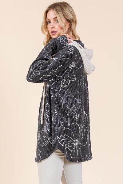 BOMBOM Drawstring Flower Print Button Up Shacket - Hovatok