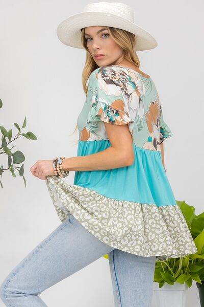 Celeste Printed Color Block Ruffled Short Sleeve Top - Hovatok