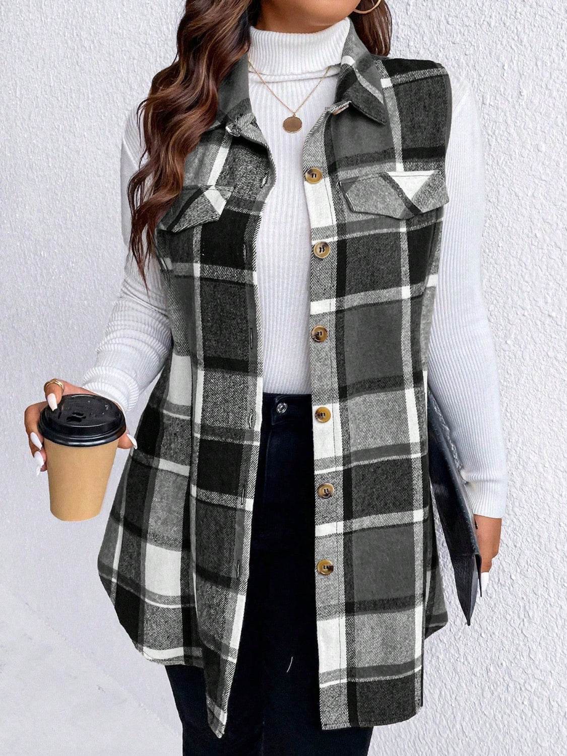 Honey Plus Size Pocketed Plaid Button Up Vest Coat - Hovatok