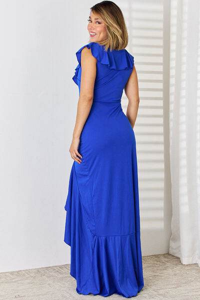 Ruffled V-Neck High-Low Dress - Hovatok