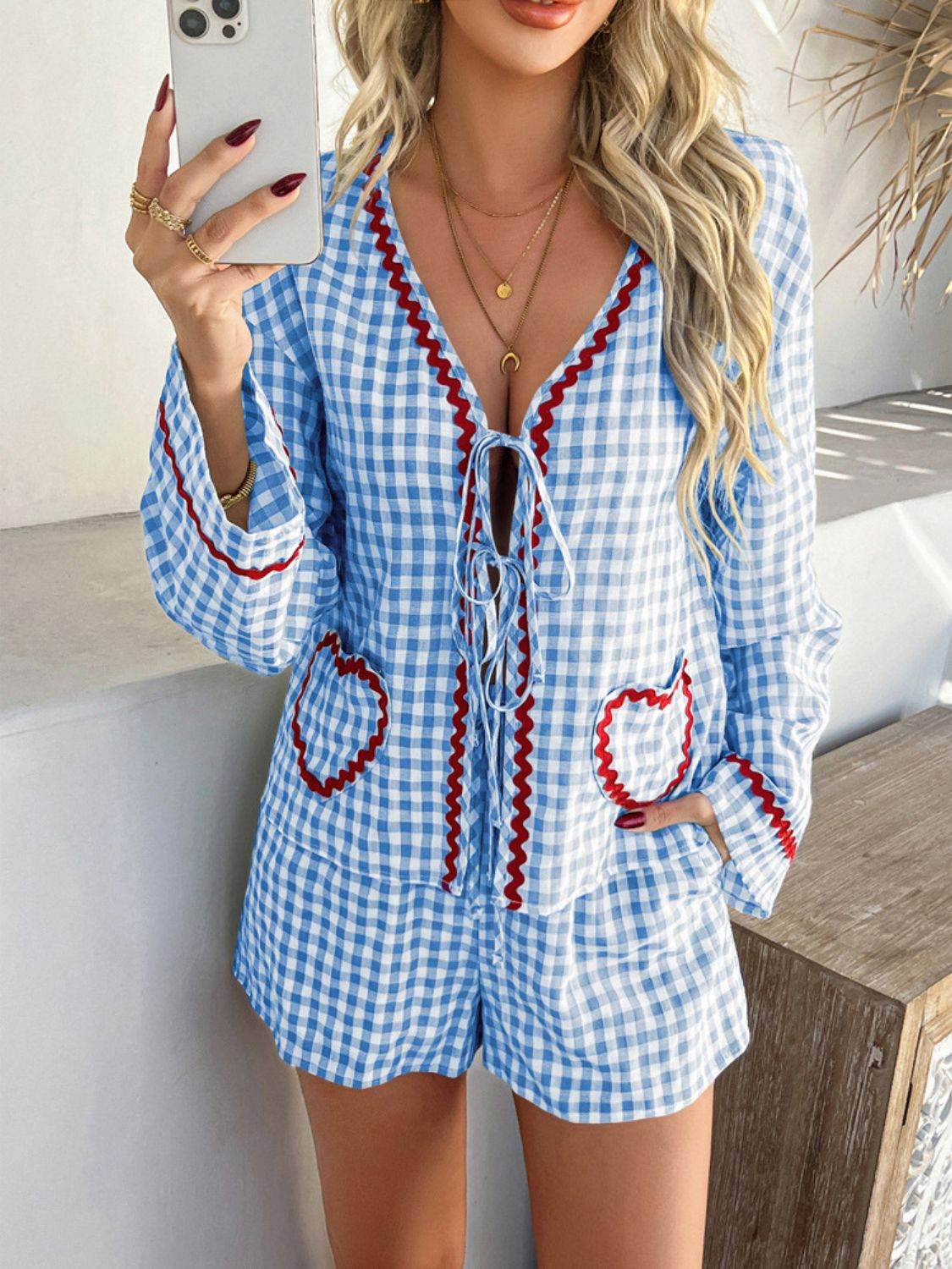 Devine Tie Front Contrast Plaid Shirt and Shorts Set - Hovatok