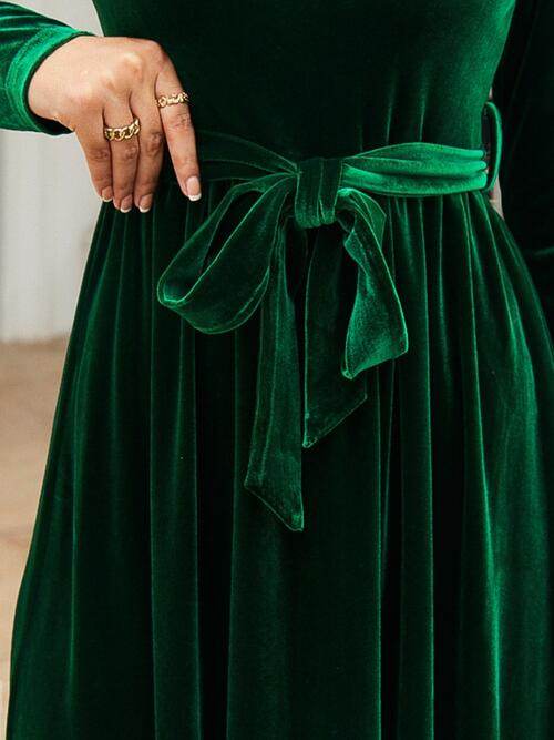 Tie Front Round Neck Long Sleeve Maxi Dress - Hovatok
